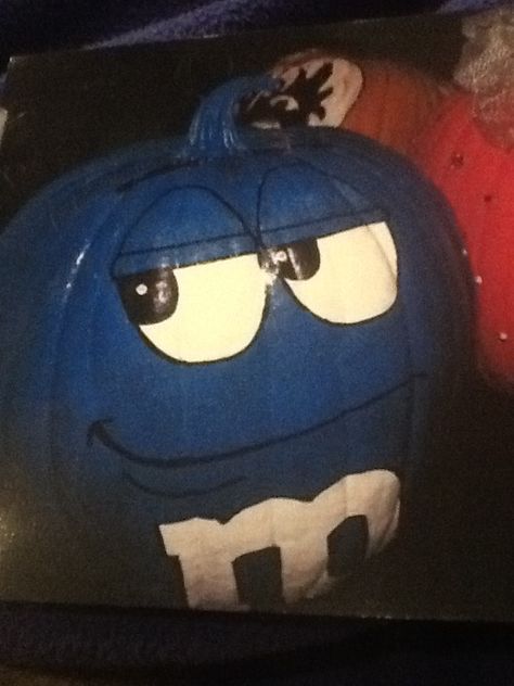 Blue M&M Pumpkin.  Happy Halloween :D Blue M&m Pumpkin Painting, Blue Pumpkins Painting, Blue Pumpkin Carving, Blue Pumpkin Painting Ideas, M M Pumpkin Painting, Punkin Paintings, Blue Pumpkin Painting, Pumpkin Paintings, M M Candy