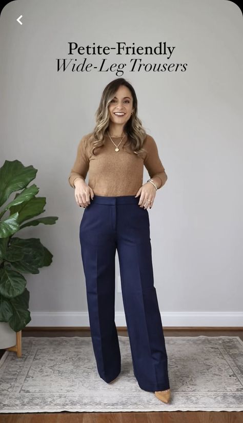 Dressing For Work Business Casual, Navy Trousers Outfit Women Summer, Petite Curvy Office Outfits, Slacks For Short Women, Navy Blue Pants Business Casual Women, Work Outfits With Blue Pants, Parole Officer Outfit, Jw Pants Outfits, Therapist Outfits Women Business