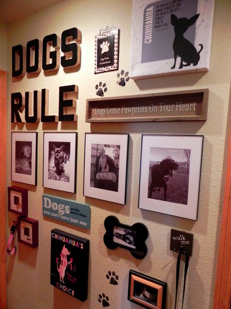 Dog Memorial Wall Ideas, Dog Picture Wall Ideas, Dog Wall Decor Ideas Living Room, Pet Memorial Wall In Home, Pet Gallery Wall, Dog Wall Decor Ideas, Puppy Room Decor, Dog Room Decor, Dog Bedroom