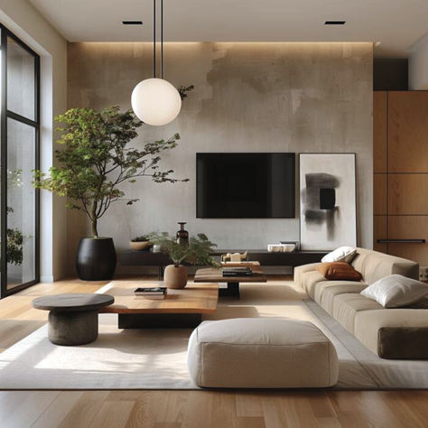 Japandi Living Room Modern Decor Style, Tv Near Window Living Rooms, Japandi Interior Living Room, Living Room Tv Wall Japandi, Japandi Grey Living Room, Japandi Living Room With Fireplace, Japandi Living Room Tv Wall, Tv Room Japandi, Beautiful Home Ideas