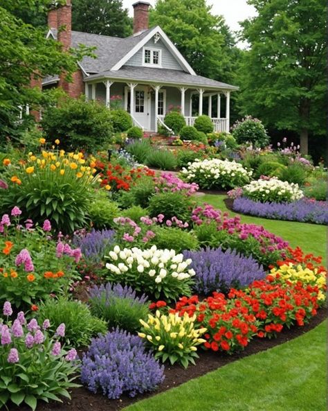 Hillside Flower Beds, Home Flower Garden Design, English Cottage Garden Front Yard, Best Flowers For Front Of House, Flower Landscape Ideas, Annual Flower Beds Design, Front Flower Garden, Yard Flower Bed Ideas, Front Yard Flower Bed Ideas