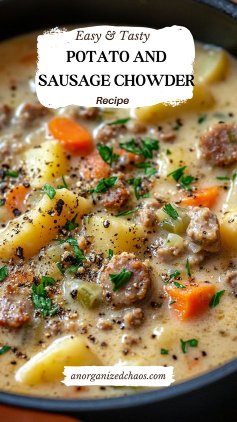 Potato and Sausage Chowder Potato Sausage Chowder, Sausage Chowder, Potato And Sausage, Potato Sausage, Sausage Potato Soup, Sausage Soup Recipes, Comfort Soup Recipes, Soup Of The Day, Chowder Soup