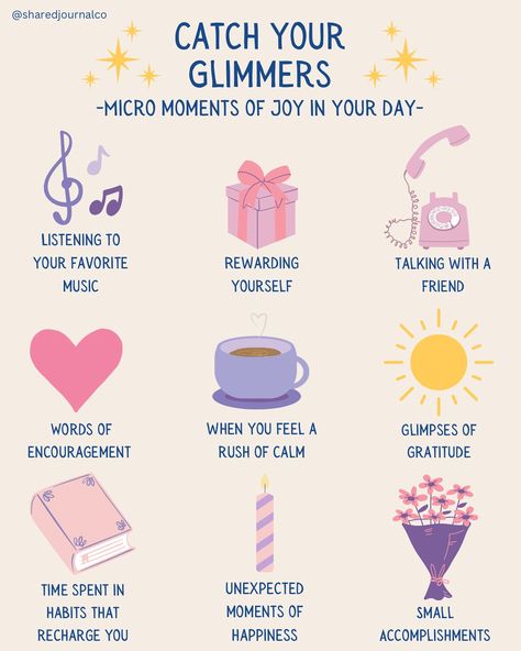 🌟 Glimmers are those little moments of joy that often go unnoticed in our day. Helping our kids recognize and cherish these moments can be a powerful way to boost their emotional well-being. 🌈✨ Encourage your child to spot glimmers—like the warmth of the sun on their face, a friendly smile, or a word of encouragement —and jot them down in their journal. 📓 Writing about these small, positive experiences can help them build gratitude and resilience. #MindfulParenting #GratitudeJournaling #gl... Daily Emotion Journal, Ritual Ideas, Child Discipline, Mail Inspiration, Word Of Encouragement, Positivity Board, Therapeutic Activities, Lovely Quotes, Life Board