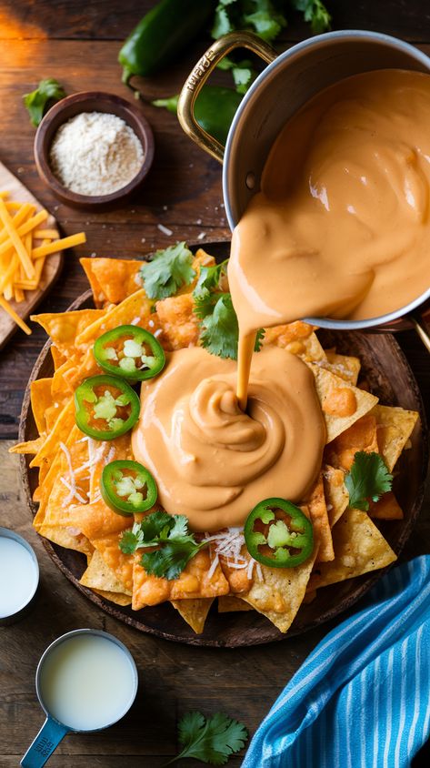 Pouring nacho cheese sauce onto tortilla chips with jalapeno and cilantro garnishes, surrounded by sauce ingredients on a rustic table with natural lighting Creamy Nacho Cheese Sauce, Nacho Cheese Sauce With Meat, Bisquick Banana Muffins, Eggnog Pancakes Recipe, Nacho Dip Recipe, Nachos Dip Recipe, Nacho Cheese Dip, Nachos Cheese Recipe, Nacho Sauce