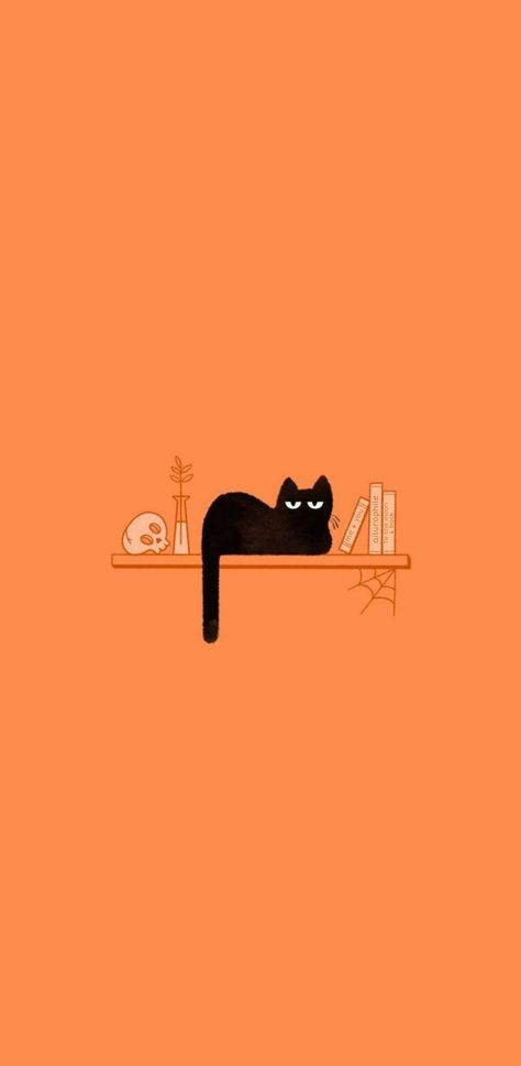 Halloween Cat Wallpaper Aesthetic, Halloween Illustration Wallpaper, Iphone Cat Wallpaper, Orange Homescreen Wallpaper, Silly Wallpapers Iphone, Black Cat Art Wallpaper, Pets Arts And Crafts, Cute Fall Wallpaper Iphone Backgrounds, Black Cat Wallpaper Iphone