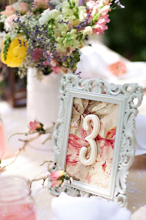 Vintage Frame Table Number  This could be so easy/cheap to do kel! And it would look super cute/vintagey Vintage Table Numbers, Framed Table Numbers, Diy Table Numbers, Vintage Wedding Table, Vintage Garden Wedding, Diy Rose, Ceremony Ideas, Ideas Vintage, Shabby Chic Wedding