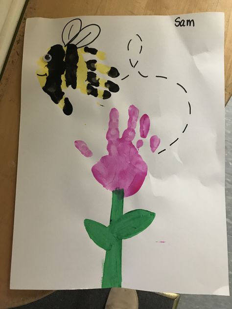 Busy bee and flower handprint art Preschool Handprint Art, Flower Preschool, Flower Handprint Art, Handprint Flower, Flower Handprint, Spring Crafts Preschool, Bee Crafts For Kids, Bee And Flower, April Crafts