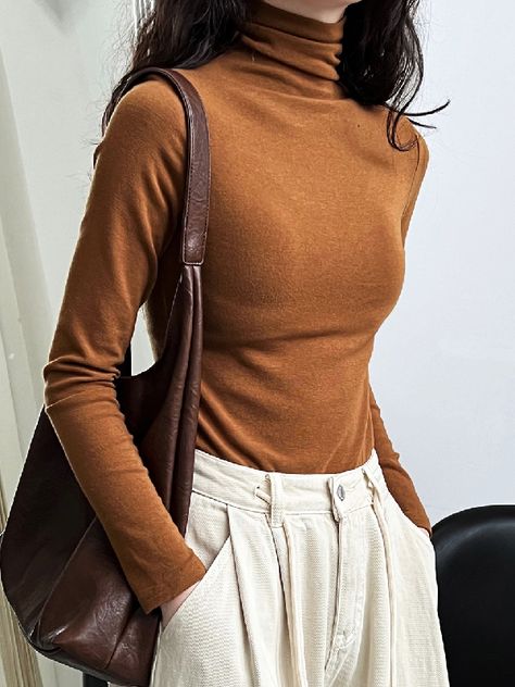 Long Sleeves Skinny Solid Color Split-Joint High Neck T-Shirts BROWN-L Winter Typ, High Neck Designs, Fitted Style, Casual Office, Fashion Seasons, Classic Silhouette, Black Orange, Polished Look, Cotton Style