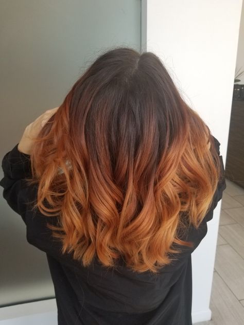 Told my stylist I wanted a color melt from my natural root to a vibrant copper. She did a traditional balayage then applied a deep copper toner to the midsection and bright copper at the ends. Perfect. Brown Root Copper Ends, Mid Length Copper Balayage, Ginger Root Melt, Brown Roots Copper Ends, Reverse Balayage Copper, Dark Root Copper Hair, Brown Roots With Copper Ends, Copper Melt Hair Balayage, Copper Hair Root Melt