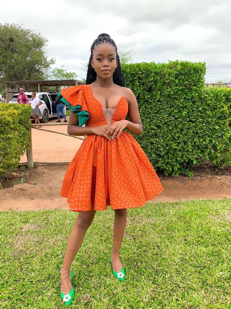 Orange Shweshwe Dresses, Orange Traditional Dresses, Traditional Bridesmaid Dresses, Lobola Dress, Shweshwe Dresses Patterns, Lobola Outfits, Maxi Wedding Guest Dress, African Traditional Dress, Tswana Traditional Dresses