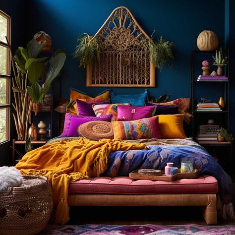 Bohemian Vintage Bedroom, Maximalist Guest Bedroom, Eccentric Bedroom Decor, Colorful Eclectic Home Bedroom, Jewel Coloured Bedroom, Bold Bedroom Colors, Bright Cozy Bedroom, Colour In Bedroom, Eccentric Bedroom