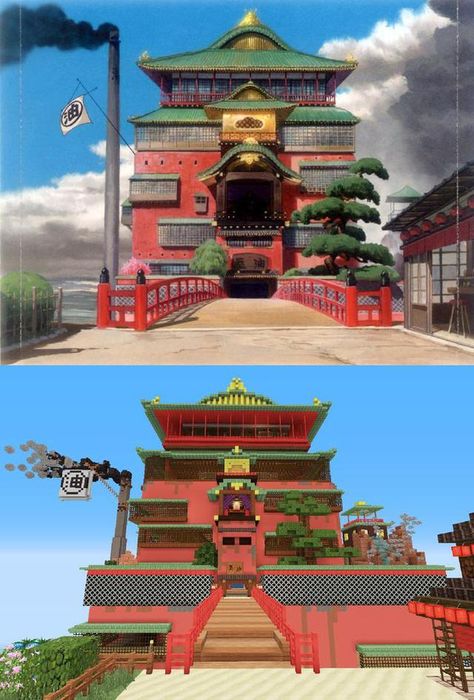 Spirited Away recreated in Minecraft Alan Becker, All Minecraft, Minecraft Plans, Minecraft Inspo, Minecraft Pe, How To Play Minecraft, Cool Minecraft, Minecraft Architecture, Minecraft Buildings