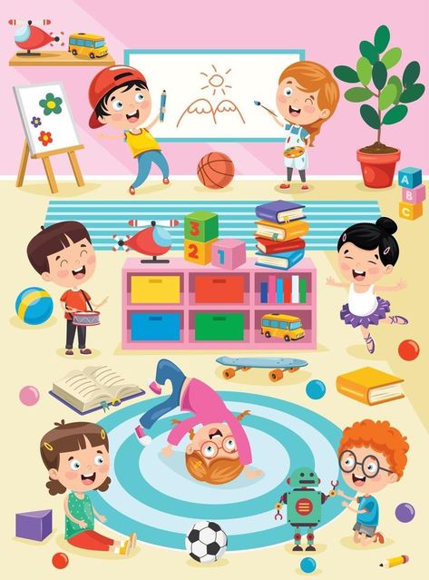 Little Children Studying And Playing At Preschool Classroom Picture Composition, Preschool Activities Toddler, Children Playing, Kids Clipart, Preschool Classroom, Montessori Activities, Art Drawings For Kids, Kindergarten Classroom, Kids' Book