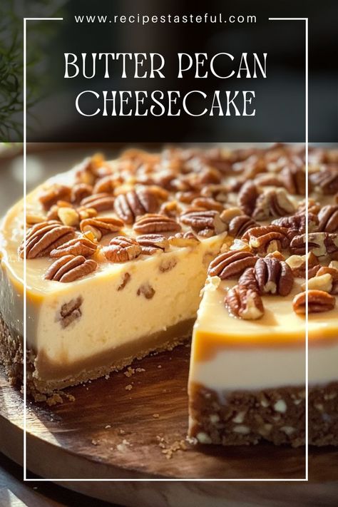 Indulge in this rich and creamy Butter Pecan Cheesecake, featuring a buttery graham cracker crust, smooth cream cheese filling, and a delightful pecan topping. Perfect for special occasions or a sweet treat! Butter Pecan Pie Cheesecake, Best Cheesecake Recipe Ever, Pecan Crust Cheesecake, Carmel Pecan Cheesecake, Cheesecake With Pecan Crust, Pecan Praline Cheesecake, Butter Pecan Cheesecake Recipe, Cream Cheese Cake Recipes, Butter Pecan Cheesecake