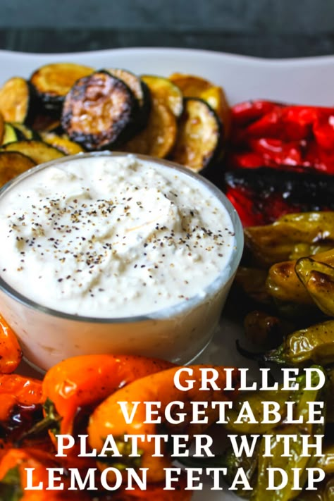 No more boring vegetable platters. This Grilled Vegetable Platter with Lemon Feta Dip brings a fresh take on summer vegetables with a bright lemon-feta dip. Marinated Grilled Vegetables, Vegetable Dip Recipe, Vegetable Appetizers, Vegetable Platter, Feta Dip, Homemade Sauce Recipes, Whipped Feta, Veggie Dip, Quick Appetizers