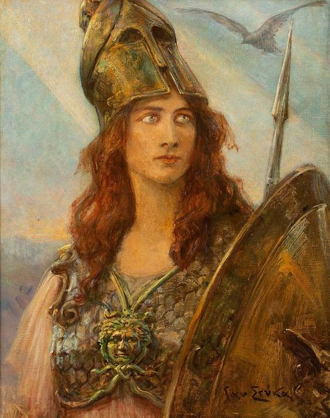 Jan Styka (b.1858 - d.1925), 'Pallas Athena', oil on canvas, no date (1800s/1900s), Polish, for sale est. 30,000 - 40,000 PLN in Polswissart's Art Auction, June 2020; Warsaw, Poland. Pallas Athena, Outdoors Tattoo, Greek Mythology Art, Athena Goddess, Roman Mythology, Mythology Art, Greek Art, Greek Myths, Greek Goddess