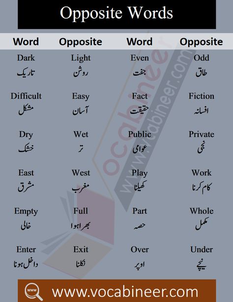 Opposite Words List with Meaning in Urdu PDF | Vocabineer Synonyms And Antonyms List, Opposite Words List, Urdu Learning, Urdu Vocabulary, Hindi Vocabulary, Words With Meaning, English Opposite Words, Urdu Words With Meaning, Basic English Sentences