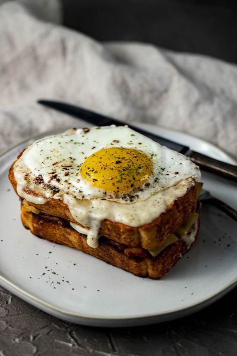 Croque Madame Recipe - Went Here 8 This Croque Madame Recipe, Decadent Breakfast, Cake 2023, Breakfast Plates, Béchamel Sauce, Sandwhich Recipes, Breakfast Photography, Brunch Casserole, Eggs Breakfast