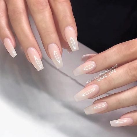 ✨✨✨ Glossy Milky Nude on Coffin Nails 👌 • 💅 Nail Artis Full Nail Tips, French Fade, Fake Nails Long, Milky Nails, Long Press On Nails, Coffin Press On Nails, Fake Nails With Glue, Metallic Nails, Nails French