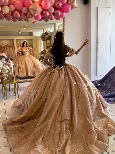 Gold Debut Gown, Gold Xv Dresses, Golden Quinceanera Dresses, Damas And Chambelanes Outfits, Belle Quinceanera Dress, Beauty And The Beast Quinceanera Dress, Debut Gowns 18th, Brown Quinceanera Dresses, Gold Sweet 16 Dresses