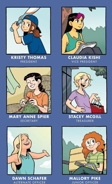 Baby sitters club graphic novel characters, as done by gale galligan Babysitters Club Books Graphic Novel, Babysitters Club Graphic Novels, The Babysitters Club Graphic Novel, Babysitters Club Activities, Babysitters Club Fanart, The Baby Sitters Club Books, Graphic Novel Characters, Kindergarten Fall Art, Baby Sitters Club