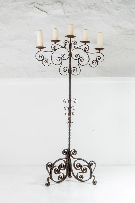 A wonderful 19th Century wrought iron floor standing Candelabra. Blacksmith made with lovely scroll details. Standing Candelabra Floor, Candle Tree, Blacksmithing, Wrought Iron, 19th Century, Candles, Flooring, Design