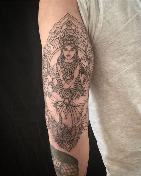 Lakshmi today on Miguel 🖤  #tattoo #blacktattoo #btattooing #blackworkerssubmission #mehndi #mehnditattoo #mandala #mandalatattoo #lineart… Laxmi Tattoo, Lakshmi Tattoo, Kali Tattoo, Krishna Tattoo, Hindu Tattoo, Nouveau Tattoo, Polynesian Tattoos, Buddha Tattoos, Art Deco Jewelry Vintage