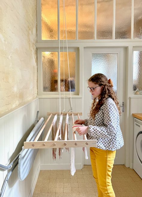 French Laundry Room Renovation Scullery Laundry, French Laundry Room, Black Laundry Basket, Laundry/mudroom Ideas, Rustic Villa, Wall Drying Rack, Shop Apartment, Room Improvement, House Laundry Room