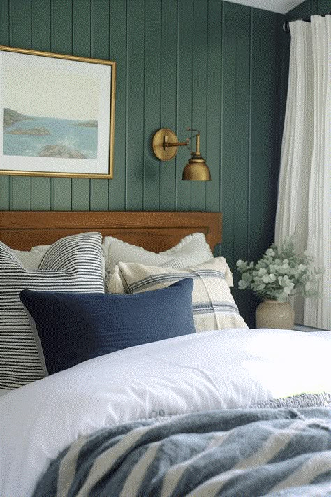 57+ Sage Green Bedroom Ideas That Feel Serene Dark Green Coastal Bedroom, Navy And Sage Bedroom, Sage And Blue Bedroom, Navy And Green Bedroom, Green And Navy Bedroom, Sage Green Bedrooms, Nuetral Bedroom, Blue And Green Bedroom, Sage Green And Navy