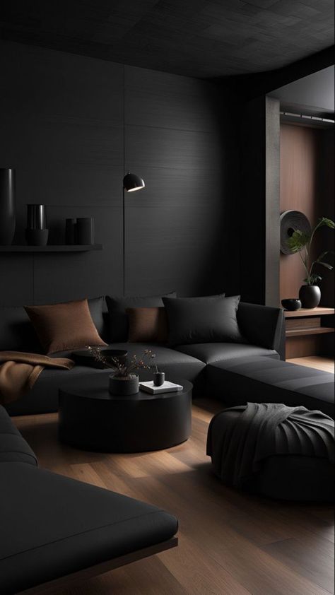 Monochromatic Living Room, Dark Interior Design, Monochromatic Room, Cozy Living Room Design, Black Rooms, Dark Living Rooms, Black Living Room, Wall Tattoo, Rustic Home Design