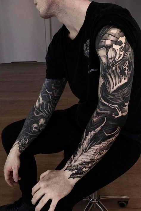 Mangas Tattoo, Valkyrie Tattoo, Full Hand Tattoo, Tattoo 2023, Unique Tattoos For Men, Full Tattoo, Blackwork Designs, I Have No Words, Blackout Tattoo