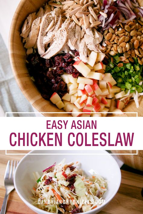 Easy Asian Chicken Coleslaw Asain Coleslaw, Coleslaw Chicken, Asian Coleslaw Recipe, Salad Challenge, Chicken Coleslaw, Easy Asian Chicken, Chicken Asian, Asian Coleslaw, Apple Coleslaw