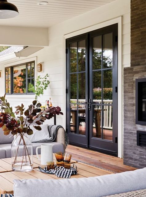 Inspired By: Exterior French Doors - The Inspired Room Back Door French Doors Patio, Bedroom Patio Doors Master, French Door Kitchen To Patio, Bedroom Door To Patio, Backyard Doors Ideas Patio, Black French Doors To Deck, French Door Ideas Exterior, Backyard Sliding Doors, Back Patio Door Ideas