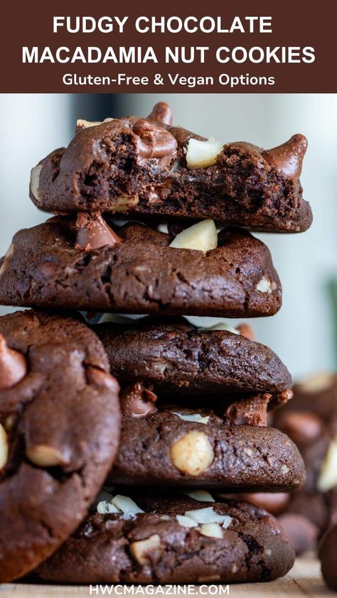 Bake the perfect fudgy chocolate macadamia nut cookies with our easy gluten-free and vegan option recipe. Chewy, decadent with a delightful crunch - these cookies are a must try for every chocolate lover. Perfect for gift giving or a holiday cookie tray. Freeze Cookie Dough, Chocolate Macadamia Nut Cookies, Banana Flour, Macadamia Cookies, Macadamia Nut Cookies, Nut Cookies, Chocolate Macadamia, Cookie Spread, Vegan Gluten Free Recipes