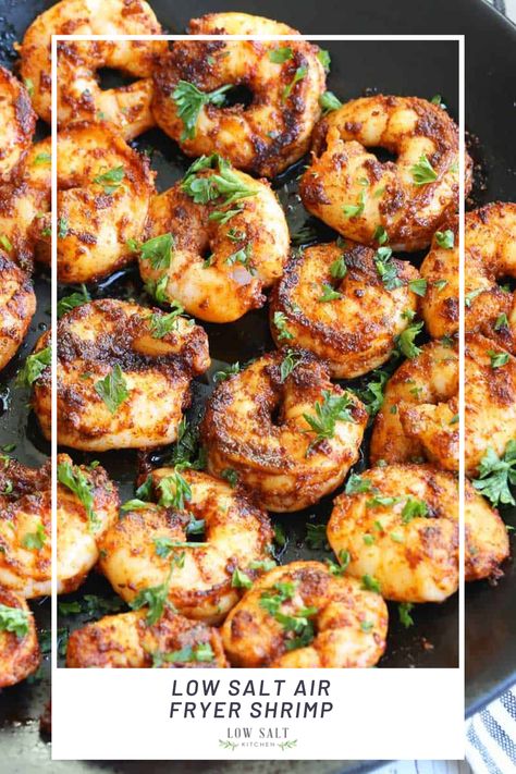 These Air Fryer Shrimp are plump, juicy and perfectly seasoned! This healthy dish is ready in just 8 minutes and requires just a few pantry staples to make a successful quick delicious low salt dinner! Low Salt Dinners, Spicy Shrimp Recipe, Chili Colorado, Spicy Shrimp Recipes, Air Fryer Shrimp, Baking Recipes Healthy, Shrimp Recipes Healthy, Seafood Recipes Healthy, Shrimp Appetizers