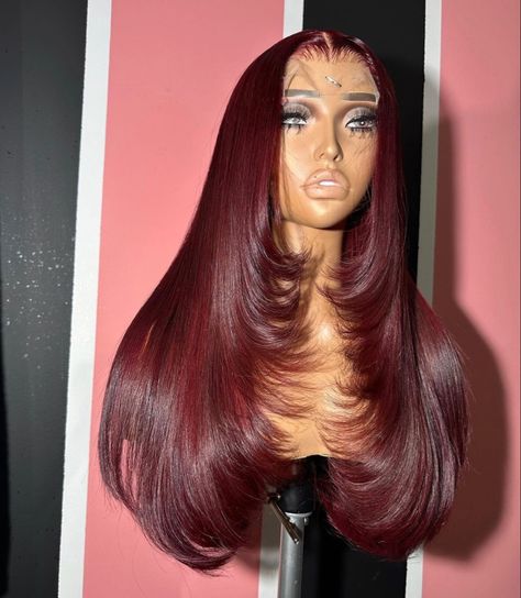 Red Wig Layers, Burgundy Wig With Layers, Red Layered Wig, Red Hair Wig Black Women, Dark Red Layered Hair, Lace Front Wig Layers, Red Layered Hair, Red Wig For Black Women, Atl Outfits