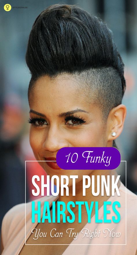 From Miley’s spiky hair, Gwen’s quiff hairstyle to Anabella’s Mohican cut and Alicia Keys’ curly Mohawk, give these following punk-rock hairstyles a go! Ladies Quiff Hairstyles Short Hair, Female Quiff Short Hairstyles, Growing Out A Mohawk For Women, Female Mohawk Hairstyles, Rock Hairstyles Short, Feminine Mohawk, Mohawk Women Short, Female Mohawk Shaved Sides, Short Mohawk Hairstyles For Women