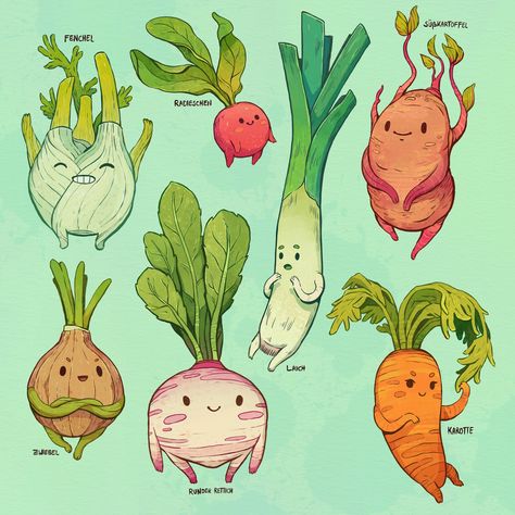 Happy vegetables, Johanna Puhl on ArtStation at https://www.artstation.com/artwork/xznJlr Vegetable Drawing, Vegetable Illustration, Arte Sketchbook, Arte Inspo, 영감을 주는 캐릭터, Illustration Character Design, Creature Design, Cute Doodles, Cute Characters