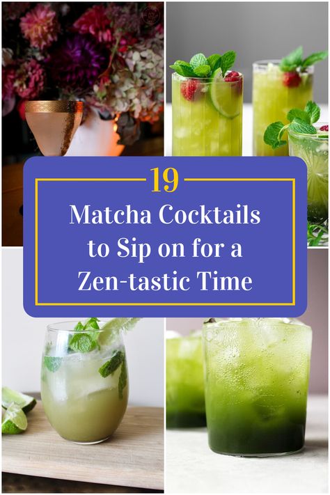 Collage of 4 matcha cocktails. Matcha Alcoholic Drinks, Matcha Cocktail Recipes, Matcha Cocktail, Japanese Cocktails, Vodka Sour, Matcha Coconut, Drink Names, Japanese Drinks, Best Matcha