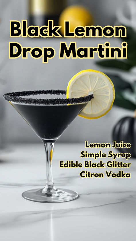 Black Lemon Drop Martini Black Vodka Drinks, Black Martini Recipe, Gothic Cocktails, Lemon Drop Shots Recipe, Black Lemon Drop Martini, Blueberry Lemon Drop Martini, The Best Lemon Drop Martini, Vodka Lemon Drop, Deep Eddy Lemon Drop Martini