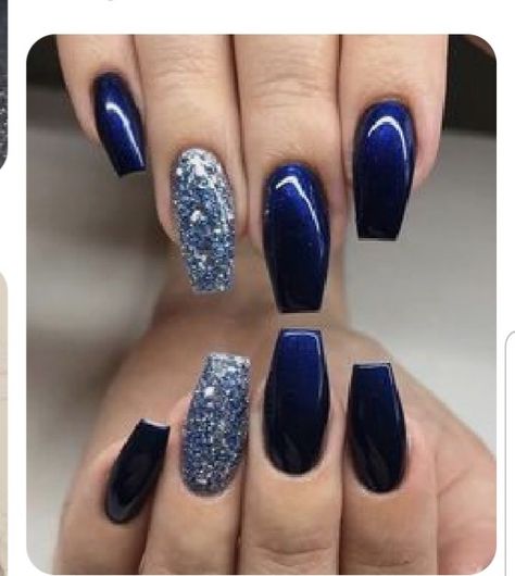 Dark Blue Nail Polish, Dark Nail Designs, Blue And Silver Nails, Blue Nail Color, Silver Nail Designs, Dark Blue Nails, Navy Nails, Blue Glitter Nails, Navy Blue Nails