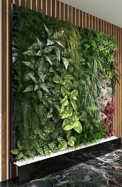 Tropical Plant Wall, Living Wall Ideas Indoor, Plant Wall Panel, Indoor Vertical Garden Wall, Plant Wall Decor Restaurant, Vertical Garden Artificial Green Walls, Wall Plants Indoor, Living Wall Indoor, Vertikal Garden