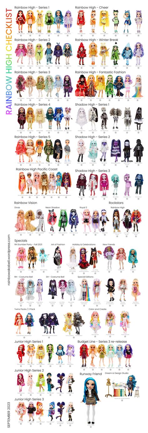 Rainbow High Collection Checklist - September 2023 Rainbow High Collection, Match Font, High Clothes, Barbie Style, Rainbow Fashion, Doll Display, Glitter Force, Rainbow High, Monster High Dolls