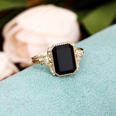 Goth Engagement Rings, Engagement Ring Emerald Cut, Engagement Ring Emerald, Black Onyx Engagement Ring, Onyx Engagement Ring, Wedding Ring For Women, Ring Emerald Cut, Black Stone Ring, Jewelry Details