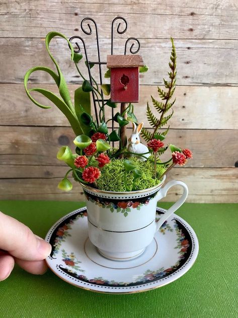 Fairy Teacup Garden, Fairy Teacup, Fairy Miniatures, Cup And Saucer Crafts, Teacup Gardens, Teacup Crafts, Mini Gardens, Fairy Garden Crafts, Fairy Garden Designs