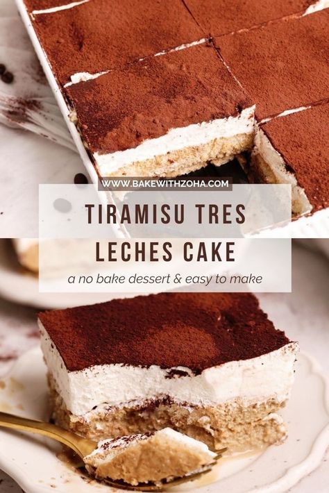 If you love tiramisu and tres leches cake, this easy and homemade no-bake Tiramisu Tres Leches Cake is going to be your new favorite! This dessert combines the classic flavors of tiramisu with the creamy texture of a tres leches milk mixture. It's the perfect sweet treat for your holiday gatherings, whether it's Christmas, Thanksgiving, or a dinner party. Serve this crowd-pleasing cake at your next event and watch it disappear. Head to bakewithzoha.com for the full recipe Tres Leches Cake Easy, Layered Tres Leches Cake, Chocolate Tiramisu Recipe, No Bake Tiramisu, Condensed Milk Cookies, Tres Leches Cake Recipe, Chocolate Tiramisu, Leches Cake, Homemade Dessert