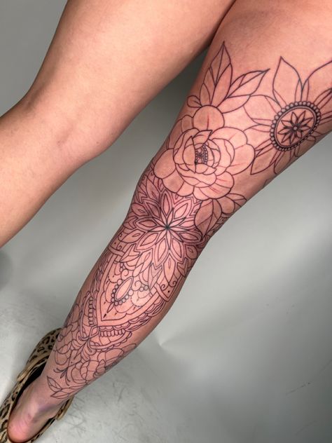 Shin Mandala Tattoo, Mandala Tattoo Leg Sleeve, Ornamental Leg Sleeve, Leg Sleeves For Females Tattoo, Leg Piece Tattoo Women, Half Leg Sleeves For Females, Mandala Leg Sleeve, Floral Leg Sleeve Tattoo, Mandala Tattoo Leg