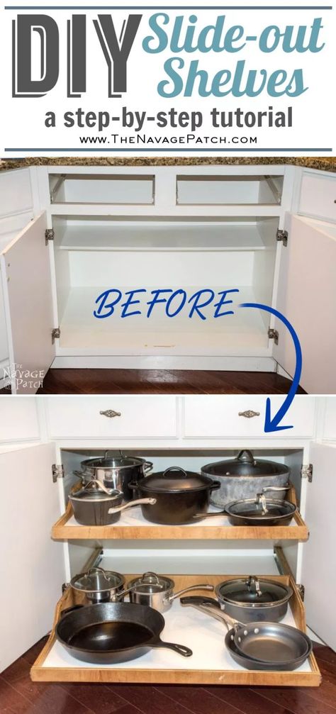 DIY Slide-Out Shelves | DIY pull-out shelf tutorial | DIY Pull-out shelves for the kitchen | Easy DIY roll-out shelves | How to make DIY sliding shelves for kitchen cabinets | Step by step slide-out shelf tutorial | Budget friendly simple DIY cabinetry | #TheNavagePatch #DIY #kitchen #organization #SlideOut #RollOut #shelves #cabinets #kitchencabinets #remodel | TheNavagePatch.com Diy Cabinet Shelf Riser, Decorating Quotes, Diy Pull Out Shelves, Cabinetry Diy, Diy Slide, Roll Out Shelves, Diy Slides, Slide Out Shelves, Cabinet With Shelves