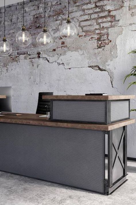 Reception Desk Industrial, Industrial Reception Design, Tall Reception Desk, Black Reception Desk, Rustic Reception Desk, Industrial Reception Desk, Industrial Reception, Front Desk Design, Steel Bed Design