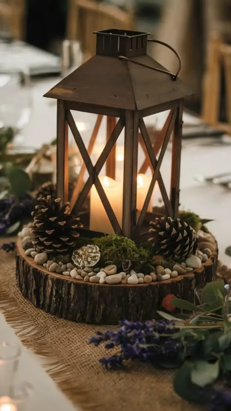 Wedding Centerpiece Ideas & Inspiration / Blog | Wedding Outline Simple Country Wedding Centerpieces, Woodsy Centerpieces Wedding, Camping Wedding Centerpieces, Outdoorsy Centerpieces, Wedding Centerpiece Ideas On A Budget, Center Piece For Dining Table Weddings, Rustic Boho Wedding Centerpieces, Woodland Centrepieces, Mountain Wedding Table Decor